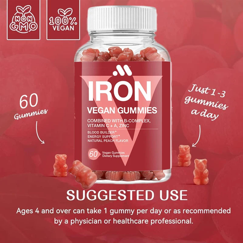 Vegan iron gummies - containing vitamins C, A, B, folate, zinc, blood generator and energy deficiency, anemia, peach flavor