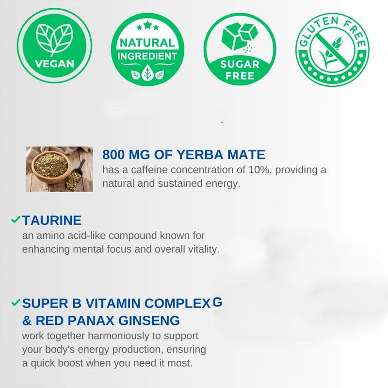 Yerba Mate, Taurine capsules - caffeine and energy supplements * enhanced ginseng, vitamin B complex, L-arginine -60 capsules