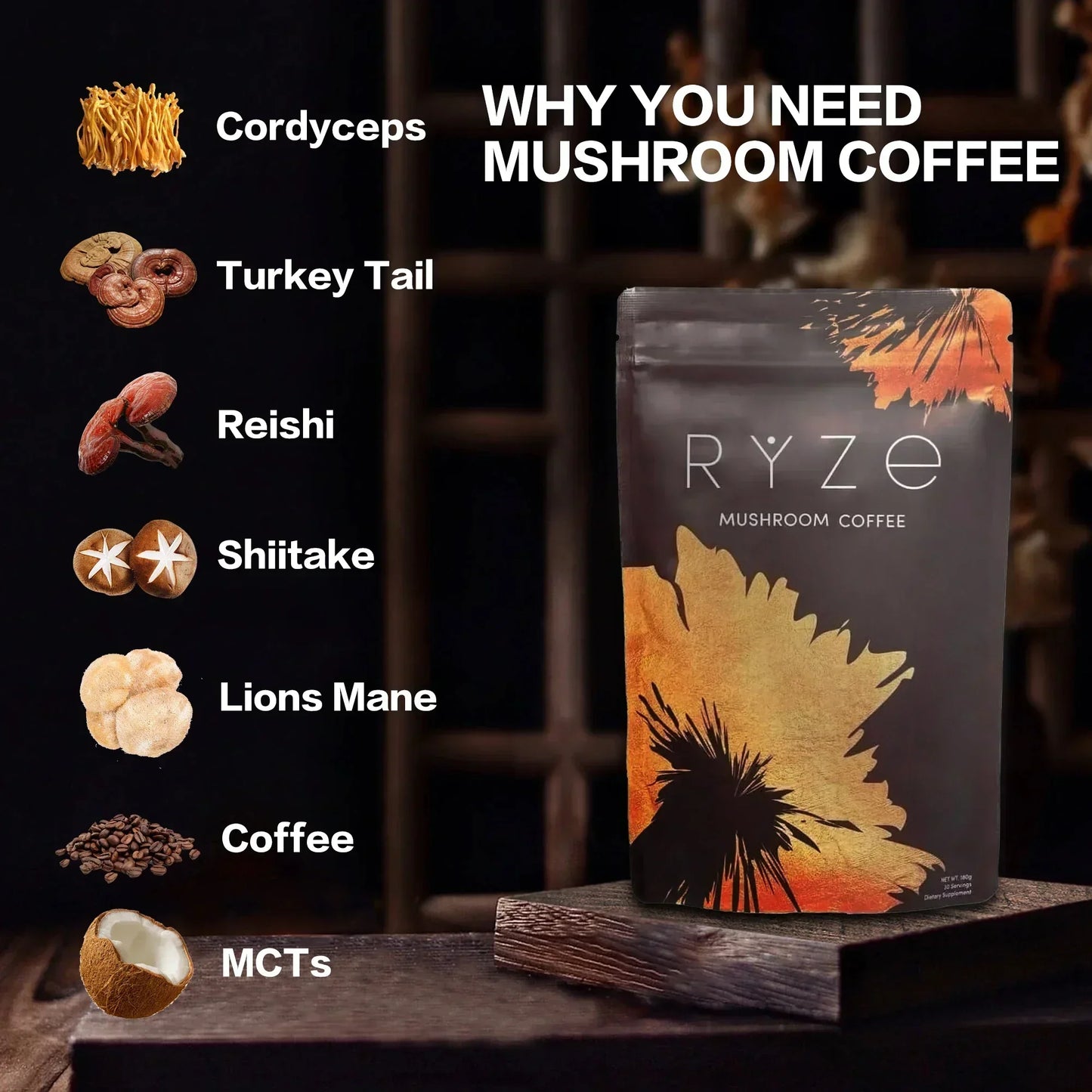 Organic Mushroom Coffee - LION'S MANE, Shiitake, Cordyceps, Supports Immune, Focus, Concentration, Stress, Digestion & Energy