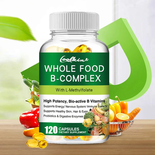 Vitamin B Complex Capsules B1, B2, B3, B5, B6, B7, B9, B12 Whole Food Supplement for Stress, Energy and Immune Support Non-GMO