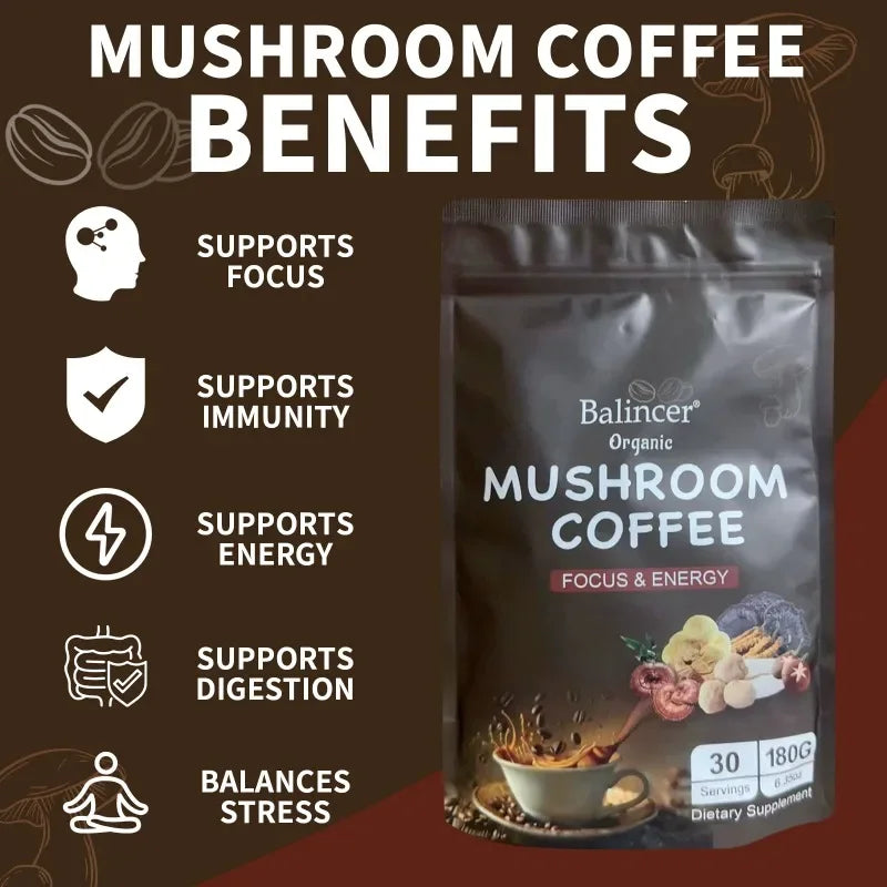 6-in-1 Organic Mushroom Coffee - 2000 Mg, Supports Brain Health, Focus, Fatigue Prevention and Digestive Support