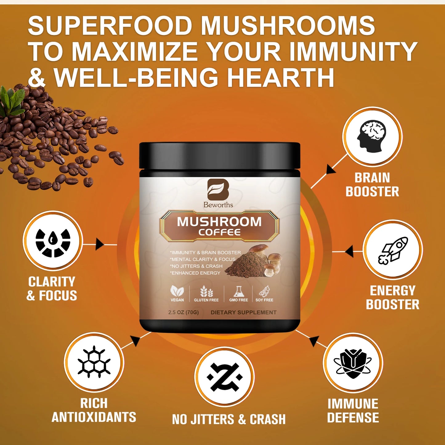 Beworths Reishi Mushroom Coffee - Boost Brain Memory and Cognitive Clarity Immune System & Digestion - Health Energy Supplement