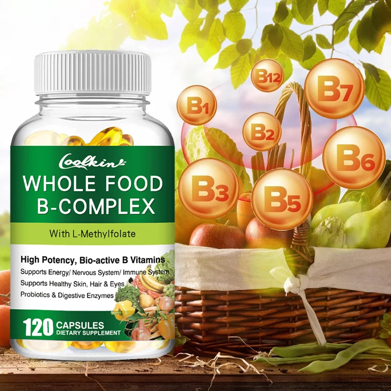 Vitamin B Complex Capsules B1, B2, B3, B5, B6, B7, B9, B12 Whole Food Supplement for Stress, Energy and Immune Support Non-GMO