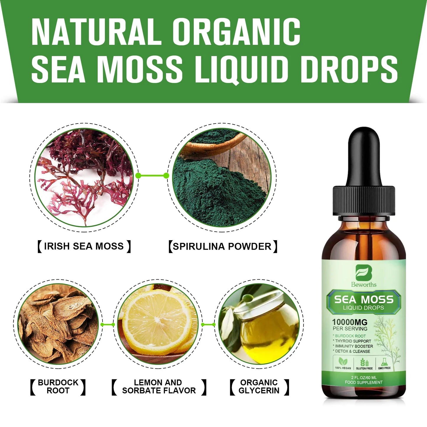 BEWORTHS 100% Organic Sea Moss Drop Support Thyroid,Joint and Immunity Health Help Digestion Weight Management Supplement Energy