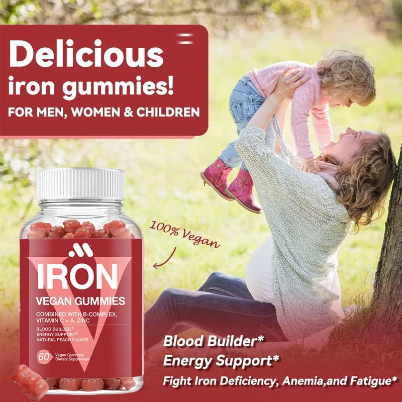 Vegan iron gummies - containing vitamins C, A, B, folate, zinc, blood generator and energy deficiency, anemia, peach flavor