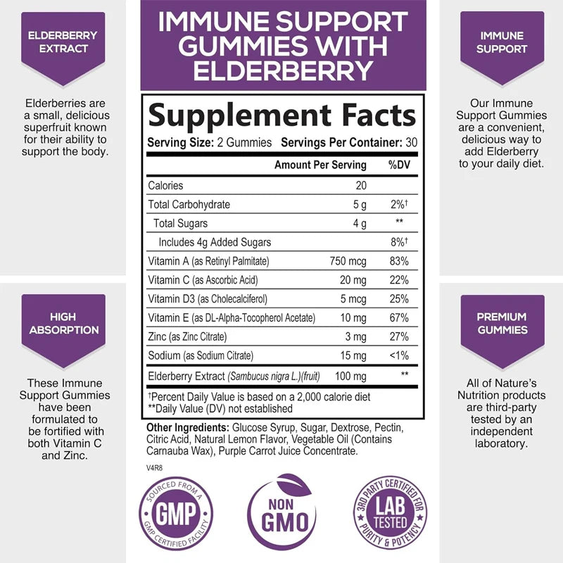 Immune support gummies - Powerful elderberry gummies, vegan, suitable for adults and children -60 gummies