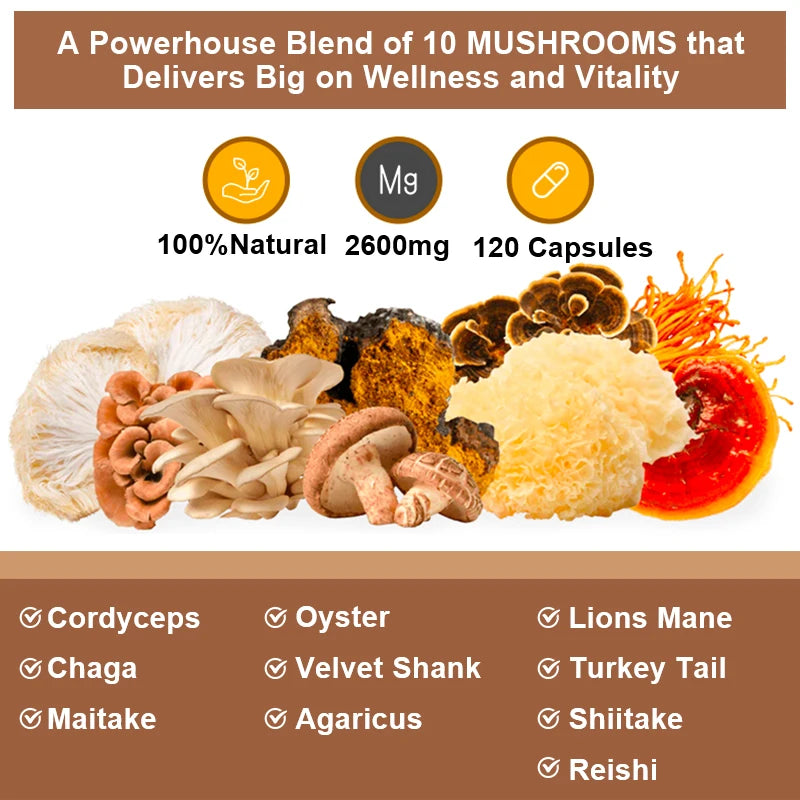 Mushroom Complex Supplement for Nootropic Brain Memory & Focus Immune Booster Natural Energy & Stress Relief