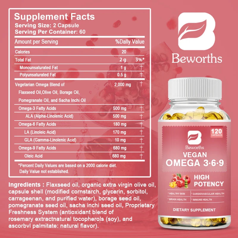 BEWORTHS Vegan Omega 3 & 6 & 9 Capsule Support Brain and Cardiovascular Health Enhance Immunity Beauty and Skincare