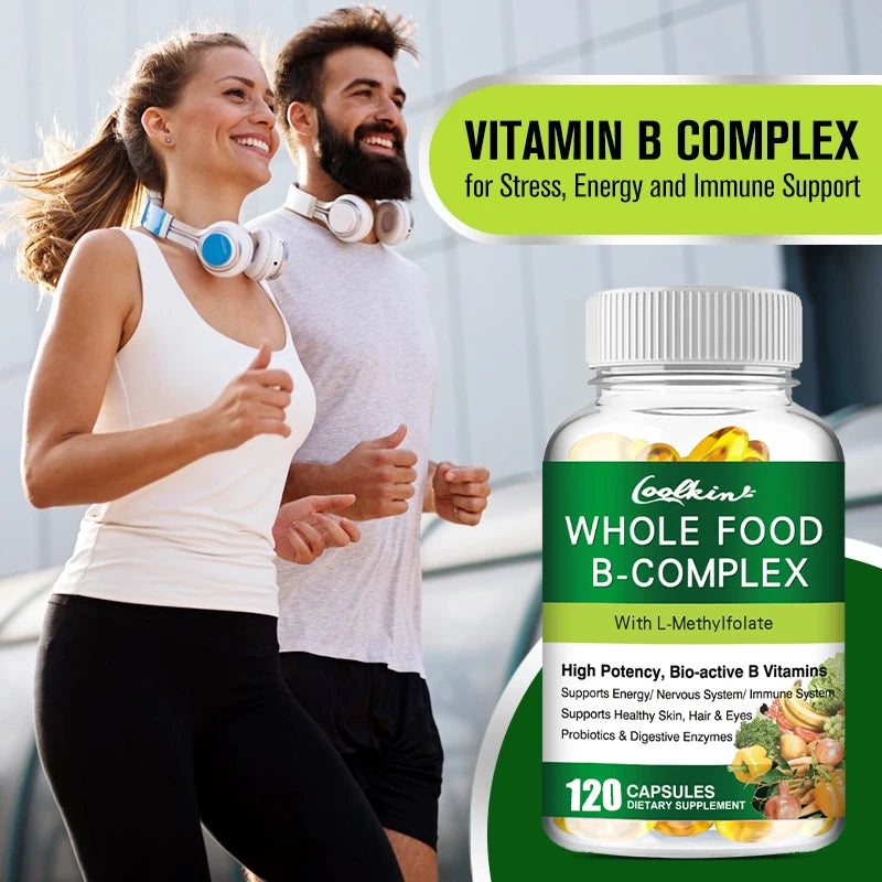 Vitamin B Complex Capsules B1, B2, B3, B5, B6, B7, B9, B12 Whole Food Supplement for Stress, Energy and Immune Support Non-GMO