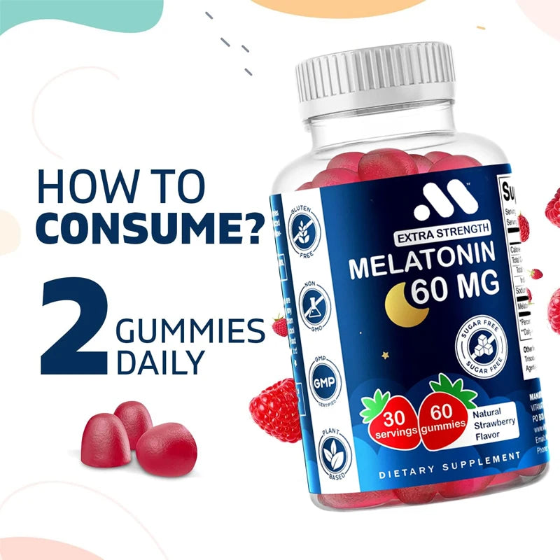 Vitamin sugar free melatonin 60mg -60 vegetarian gummies -non addictive supplements - non genetically modified strawberry flavor