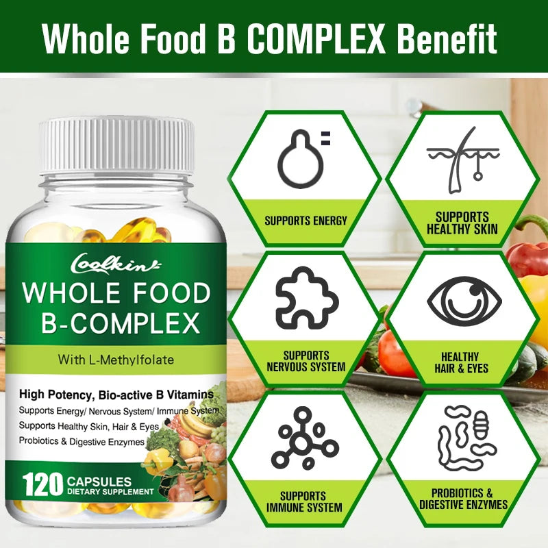 Vitamin B Complex Capsules B1, B2, B3, B5, B6, B7, B9, B12 Whole Food Supplement for Stress, Energy and Immune Support Non-GMO