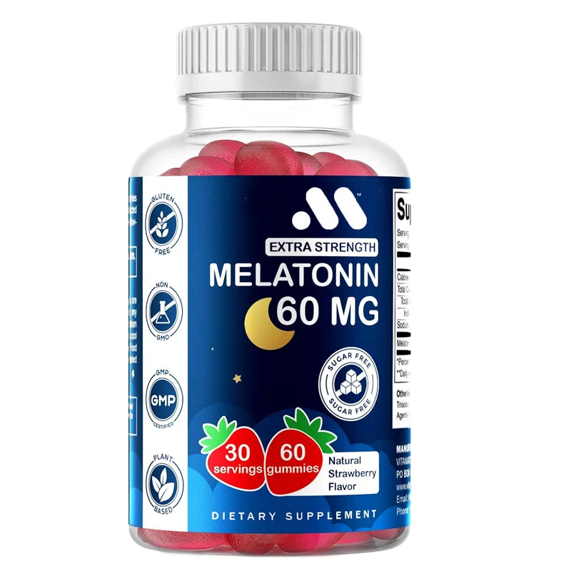 Vitamin sugar free melatonin 60mg -60 vegetarian gummies -non addictive supplements - non genetically modified strawberry flavor