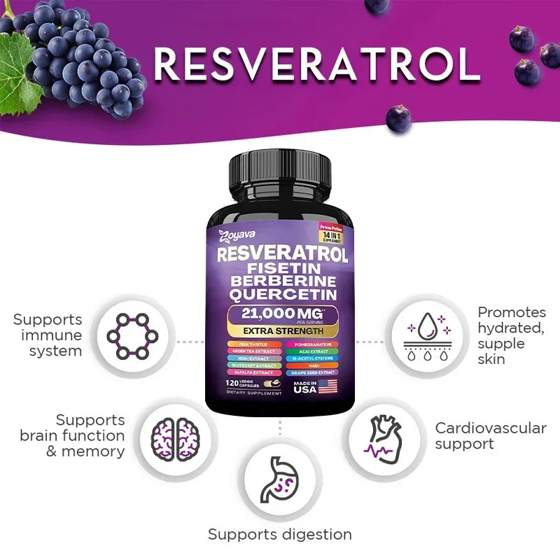 Resveratrol Extract Capsules - Benefits Immunity, Antioxidants, Cardiovascular Health, Promotes Smooth Skin