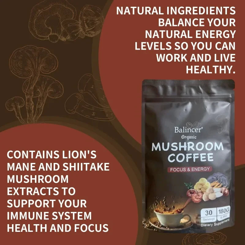 6-in-1 Organic Mushroom Coffee - 2000 Mg, Supports Brain Health, Focus, Fatigue Prevention and Digestive Support