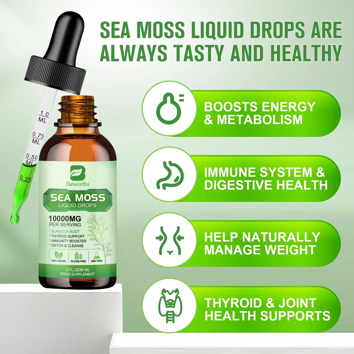 BEWORTHS 100% Organic Sea Moss Drop Support Thyroid,Joint and Immunity Health Help Digestion Weight Management Supplement Energy