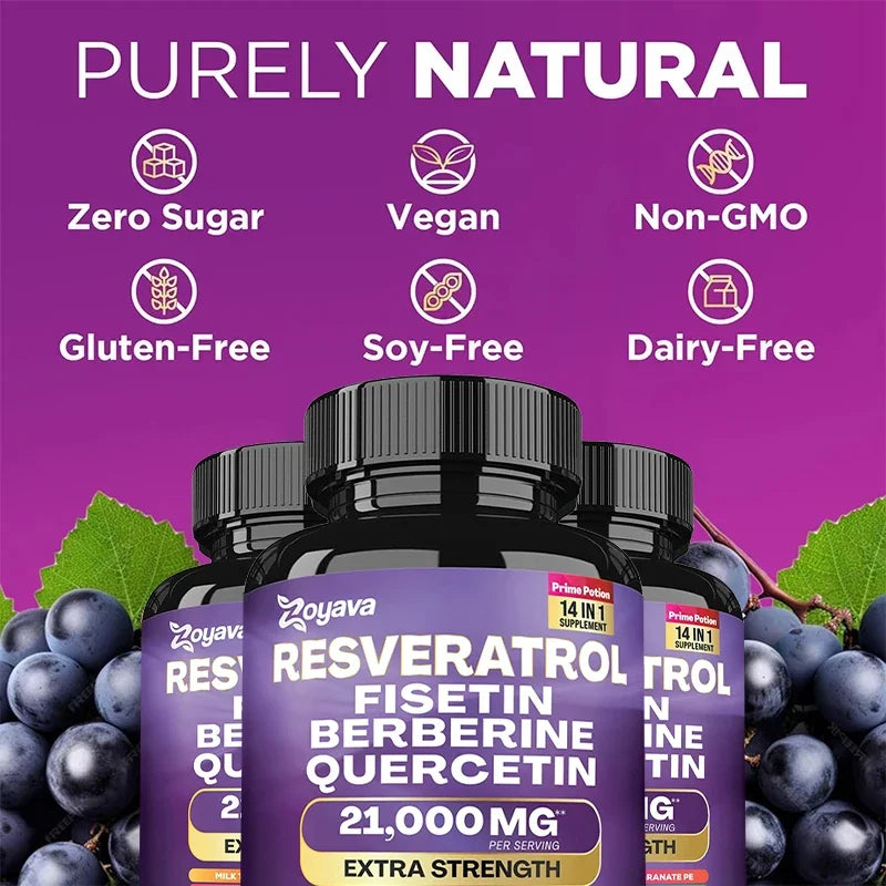 Resveratrol Extract Capsules - Benefits Immunity, Antioxidants, Cardiovascular Health, Promotes Smooth Skin