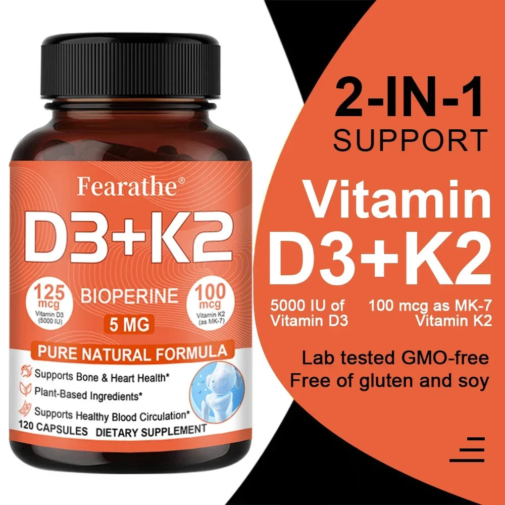 Vitamin D3+K2 5000 IU 125 MCG Vitamin Capsules | Non-GMO, Vegan, Natural, Gluten-Free, Bone, Heart Health Supplement