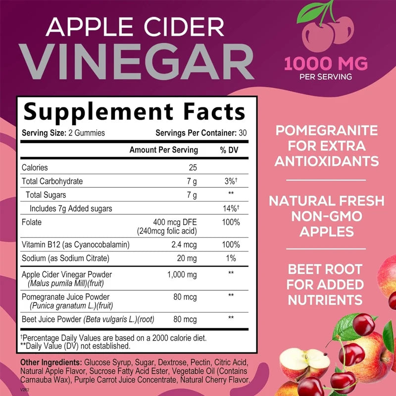 Apple cider vinegar gummies vitamin for detoxification and cleansing 1000mg - vegan, non GMO, for energy -60 gummies